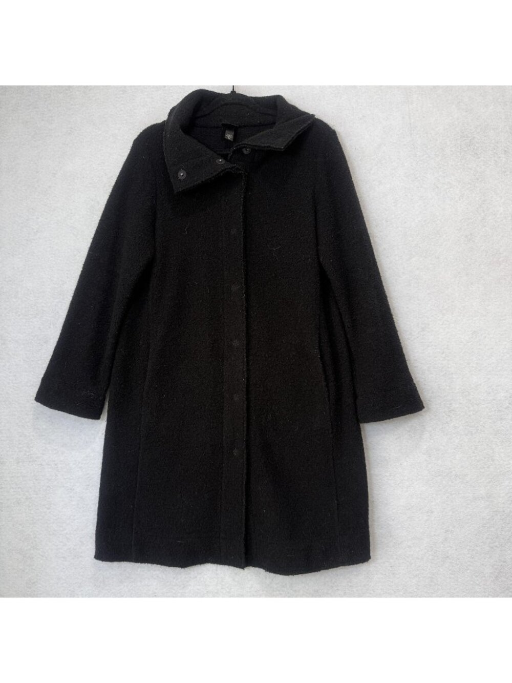 Eileen Fisher Coat Womens PM Black Wool Knit Snap Front Pockets Mid Length